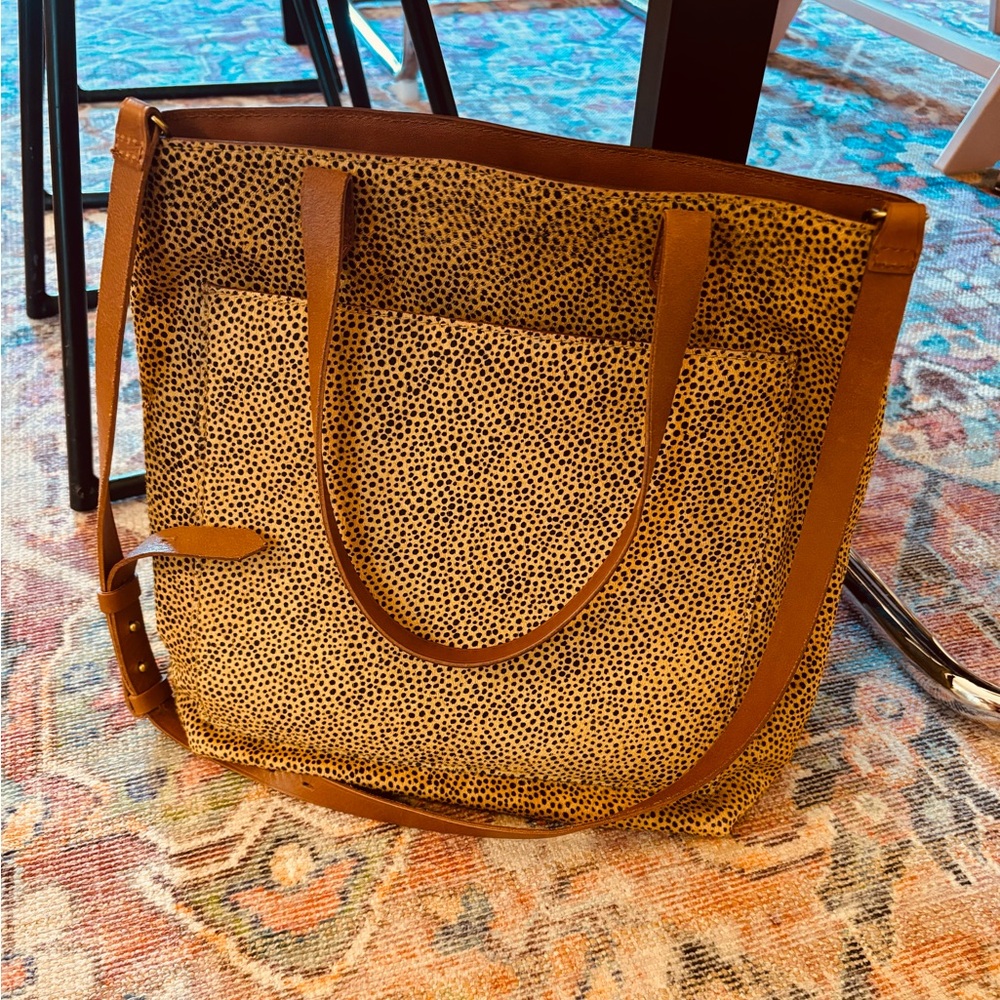Madewell medium transport tote in leopard print calf-hair.